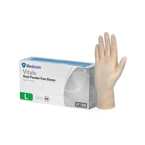 Medicom Vitals Vinyl Gloves Powder Free Clear Large Pack of 100